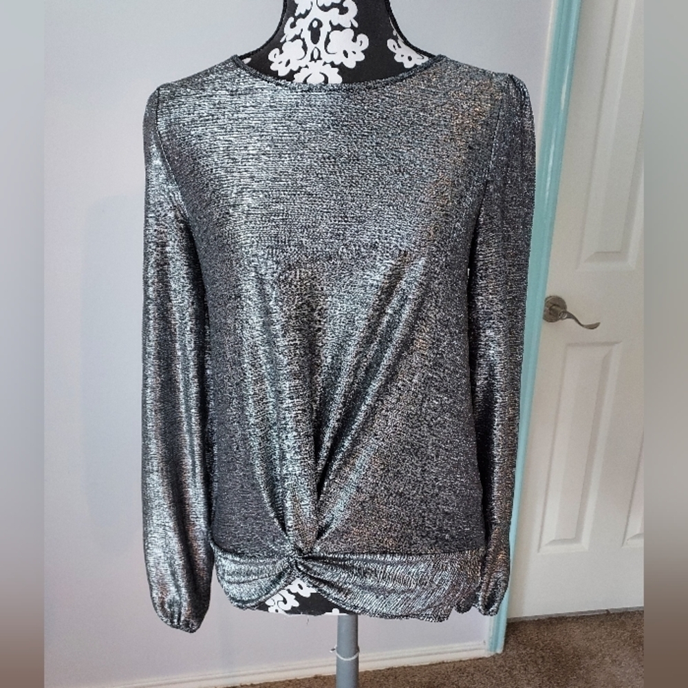INC Metallic Top Womens size S Silver Round Neck Long Sleeve Twisted Hem - Picture 2 of 16